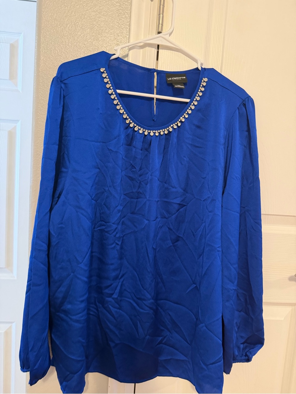 Liz Claiborne Cobalt Blue Jewel-Neck Long Sleeve Blouse
